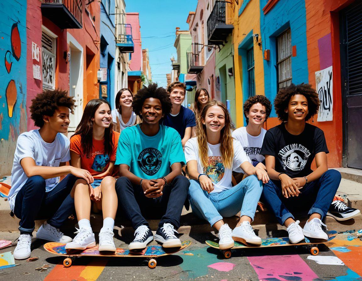 A vibrant collage showcasing diverse teenage subcultures engaging in various activities like skateboarding, attending concerts, and collaborating in creative arts. Incorporate elements representing mental well-being, such as mindfulness practices and social connections, to illustrate a holistic view of teenage life. Use bright, energetic colors to convey excitement and positivity. Include abstract shapes and patterns to symbolize the fluidity of trends. super-realistic. vibrant colors. dynamic composition.