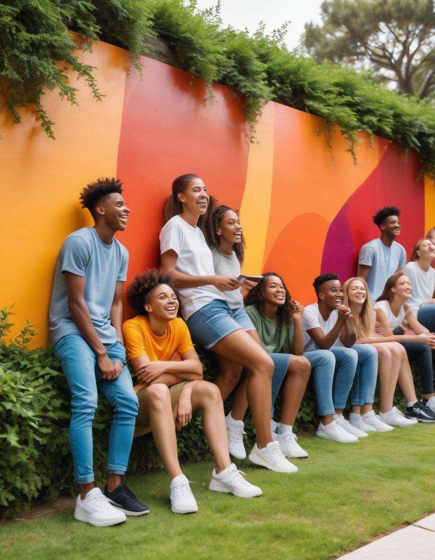 A vibrant and dynamic scene depicting diverse teenagers engaged in various activities representing friendships, personal challenges, and self-improvement. Show a group of friends laughing and supporting each other in a park, while others are overcoming obstacles like climbing a wall or studying together. Use bright colors to convey positivity and energy, with subtle elements like books and sports equipment indicating growth. super-realistic. vibrant colors. white background.