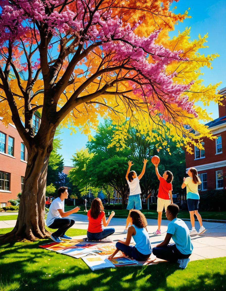 A vibrant montage depicting diverse teenagers exploring their passions: one painting, another playing sports, and a third reading a book, all set against a backdrop of a colorful school campus. Include elements symbolizing growth, such as blooming flowers and rising sun rays, to convey empowerment and opportunities. super-realistic. bright colors. soft focus.
